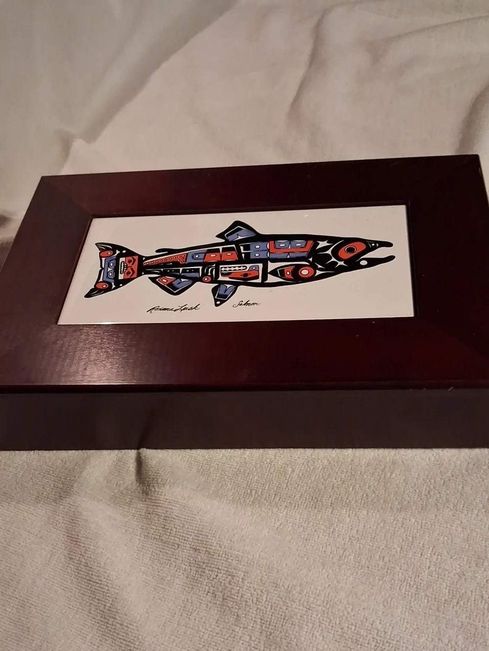 Native-Style Fish Art Print On A Wooden Box- Roxana Leask Salmon